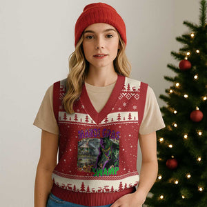 Funny Mardi Gras Rougarou V-Neck Knit Sweater Vest Mardi Gras In Da Swamp Cryptids Of Louisiana TS11 Red Beige Print Your Wear