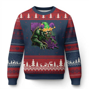 Funny Mardi Gras Rougarou Ugly Christmas Sweater Cryptids Of Louisiana Jester Hat TS11 Navy Red Print Your Wear