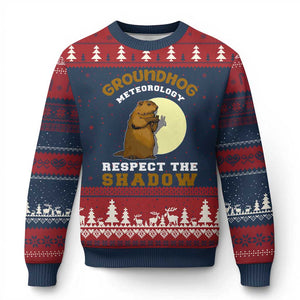 Funny Groundhog Day Ugly Christmas Sweater Groundhog Meteorology Respect The Shadow TS11 Navy Red Print Your Wear