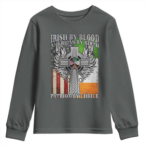 Irish Americans Youth Sweatshirt Irish By Blood American By Birth Patriot By Choice Celtic Cross TS11 Dark Heather Print Your Wear