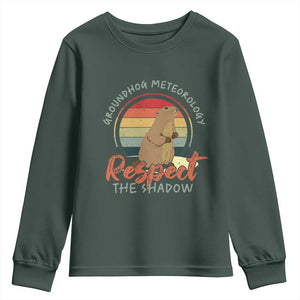 Funny Groundhog Day Youth Sweatshirt Groundhog Meteorology Respect The Shadow Vintage Retro TS11 Dark Forest Green Print Your Wear