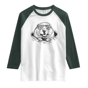 Funny Groundhog Face Woodchuck Sunglassess Raglan Shirt TS11 White Dark Forest Green Print Your Wear