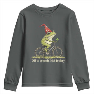 Funny Frog St Patricks Day Youth Sweatshirt Off To Commit Irish Foolery Four Leaf Clover TS11 Dark Heather Print Your Wear