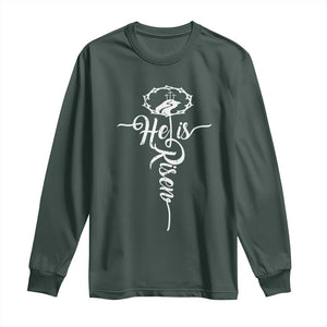 Easter He Is Risen Long Sleeve Shirt Christian Easter Day Religious Cross TS11 Dark Forest Green Print Your Wear