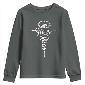 Easter He Is Risen Youth Sweatshirt Christian Easter Day Religious Cross TS11 Dark Heather Print Your Wear