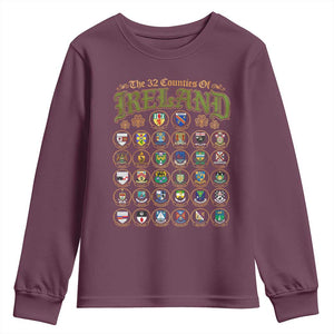 The 32 Counties Of Ireland Youth Sweatshirt Irish Pride Heritage Vintage Celtic Shamrock TS11 Maroon Print Your Wear