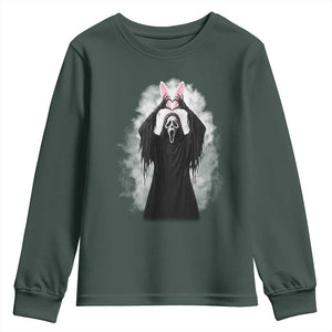 Funny Scary Bunny Face Ghost Heart Hand Sign Easter Day Youth Sweatshirt TS11 Dark Forest Green Print Your Wear