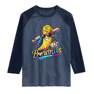 Funny Banana Baseball Drip Raglan Shirt Lets Go Bananas Ice Cream Dripping Sport TS11 Heather Denim Navy Print Your Wear