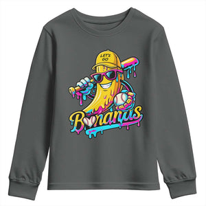 Funny Banana Baseball Drip Youth Sweatshirt Lets Go Bananas Ice Cream Dripping Sport TS11 Dark Heather Print Your Wear