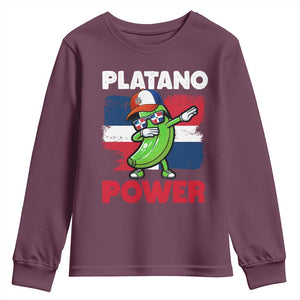 Platano Power Youth Sweatshirt Funny Dominican Republic Flag Baseball TS11 Maroon Print Your Wear