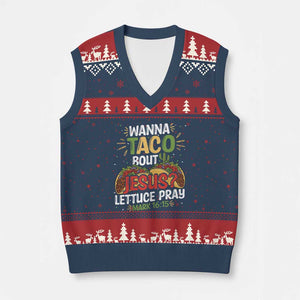 Funny Wanna Taco Bout Jesus Lettuce Pray V-Neck Knit Sweater Vest Cinco de Mayo Christian Bible Verse TS11 Navy Red Print Your Wear