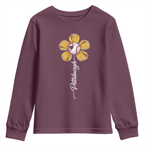 Pittsburgh Sport Retro Baseball Flower Youth Sweatshirt Funny Game Day TS11 Maroon Print Your Wear