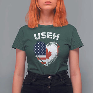 Funny USEH T Shirt For Women Half Canadian American Flag Big Love Heart TS11 Dark Forest Green Print Your Wear