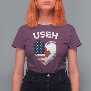 Funny USEH T Shirt For Women Half Canadian American Flag Big Love Heart TS11 Maroon Print Your Wear