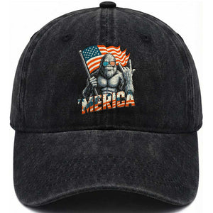 Funny Bigfoot Merica 4th Of July Washed Cotton Baseball Cap American Flag Patriotic Sasquatch TS11 Washed Cap Universal Fit Black Print Your Wear