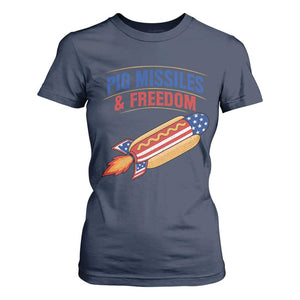 Pig Missiles And Freedom Hot Dog 4th of July Humor T Shirt For Women
