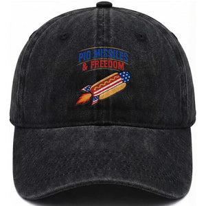 Pig Missiles And Freedom Hot Dog 4th of July Humor Washed Cotton Baseball Cap