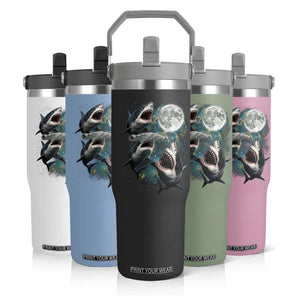 Funny Sharks Howling at Moon Flip Straw Tumbler Funny Great White Sharks and Hammerhead Shark