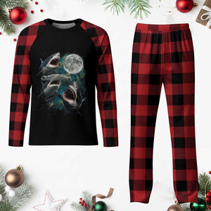 Funny Sharks Howling at Moon Plaid Pajama Set Funny Great White Sharks and Hammerhead Shark