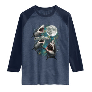 Funny Sharks Howling at Moon Raglan Shirt Funny Great White Sharks and Hammerhead Shark