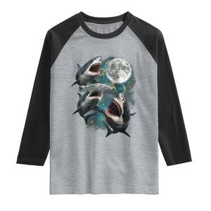 Funny Sharks Howling at Moon Raglan Shirt Funny Great White Sharks and Hammerhead Shark