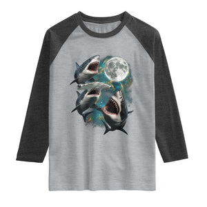 Funny Sharks Howling at Moon Raglan Shirt Funny Great White Sharks and Hammerhead Shark