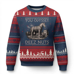 You Odyssey Deez Nuts Funny Trojan Horse Ugly Christmas Sweater Inappropriate Adult Humor Ancient Greek TS11 Navy Red Print Your Wear