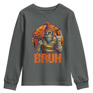 Funny Halloween Bigfoot Youth Sweatshirt Bruh Spooky Mummy Sasquatch Jack O Lantern TS11 Dark Heather Print Your Wear