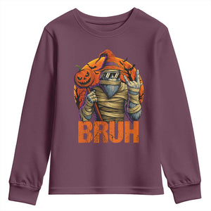Funny Halloween Bigfoot Youth Sweatshirt Bruh Spooky Mummy Sasquatch Jack O Lantern TS11 Maroon Print Your Wear
