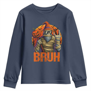 Funny Halloween Bigfoot Youth Sweatshirt Bruh Spooky Mummy Sasquatch Jack O Lantern TS11 Navy Print Your Wear