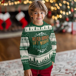 Read Books Lift Weights Fight Fascists Ugly Christmas Sweater Reading Activism TS11 Forest Green Beige Print Your Wear