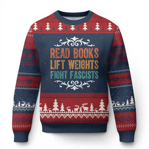 Read Books Lift Weights Fight Fascists Ugly Christmas Sweater Reading Activism TS11 Navy Red Print Your Wear