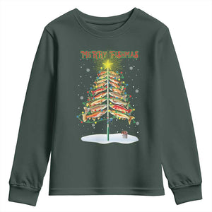 Funny Christmas Fishing Youth Sweatshirt Merry Fishmas Fish Xmas Tree Star TS11 Dark Forest Green Print Your Wear