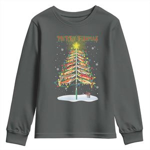 Funny Christmas Fishing Youth Sweatshirt Merry Fishmas Fish Xmas Tree Star TS11 Dark Heather Print Your Wear