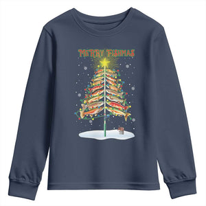 Funny Christmas Fishing Youth Sweatshirt Merry Fishmas Fish Xmas Tree Star TS11 Navy Print Your Wear