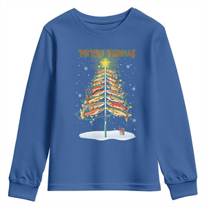Funny Christmas Fishing Youth Sweatshirt Merry Fishmas Fish Xmas Tree Star TS11 Royal Blue Print Your Wear