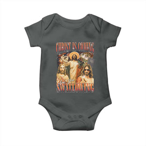 Christ Is Coming Are You Swallowing Baby Onesie Funny Offensive Jesus Christian TS11 Dark Heather Print Your Wear