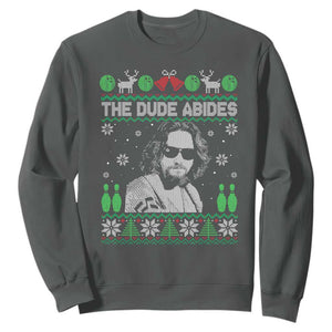 The Dude Abides Christmas Bowling Sweatshirt Funny Bowling Movie TS11 Dark Heather Print Your Wear