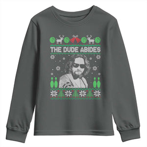 The Dude Abides Christmas Bowling Youth Sweatshirt Funny Bowling Movie TS11 Dark Heather Print Your Wear