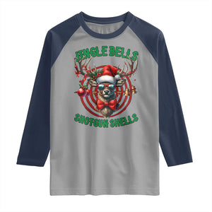 Funny Christmas Hunting Raglan Shirt Jingle Bells Shotgun Shells Santa Deer TS11 Sport Gray Navy Print Your Wear