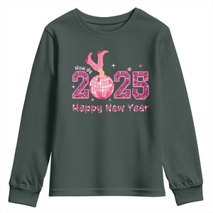 Funny Howdy 2025 Happy New Year Youth Sweatshirt Cowgirl New Year's Eve Party Disco Ball TS11 Dark Forest Green Print Your Wear