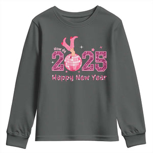 Funny Howdy 2025 Happy New Year Youth Sweatshirt Cowgirl New Year's Eve Party Disco Ball TS11 Dark Heather Print Your Wear