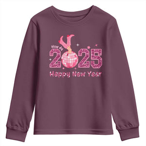Funny Howdy 2025 Happy New Year Youth Sweatshirt Cowgirl New Year's Eve Party Disco Ball TS11 Maroon Print Your Wear