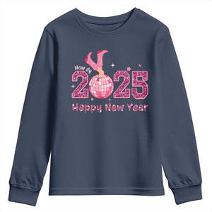 Funny Howdy 2025 Happy New Year Youth Sweatshirt Cowgirl New Year's Eve Party Disco Ball TS11 Navy Print Your Wear