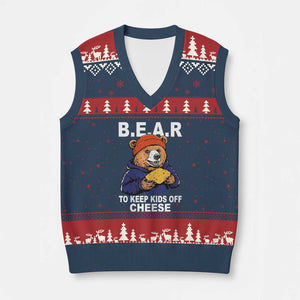 Funny Bear To Keep Kids Off Cheese V-Neck Knit Sweater Vest TS11 Navy Red Print Your Wear