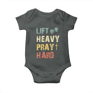 Lift Heavy Pray Hard Baby Onesie Christian Workout Jesus Gym Lifting Retro Cross TS11 Dark Heather Print Your Wear