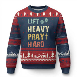 Lift Heavy Pray Hard Ugly Christmas Sweater Christian Workout Jesus Gym Lifting Retro Cross TS11 Navy Red Print Your Wear
