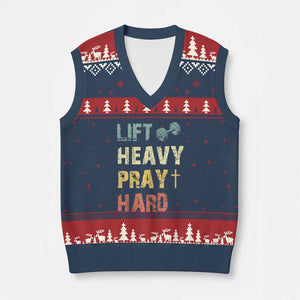 Lift Heavy Pray Hard V-Neck Knit Sweater Vest Christian Workout Jesus Gym Lifting Retro Cross TS11 Navy Red Print Your Wear