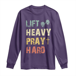 Lift Heavy Pray Hard Long Sleeve Shirt Christian Workout Jesus Gym Lifting Retro Cross TS11 Purple Print Your Wear