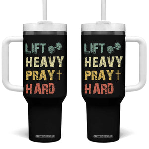Lift Heavy Pray Hard Tumbler With Handle Christian Workout Jesus Gym Lifting Retro Cross TS11 One Size: 40 oz Black Print Your Wear